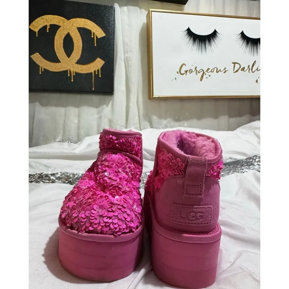 UGG Classic Mini Stellar Sequin boot in purple (multi iridescent chunky) sz 7